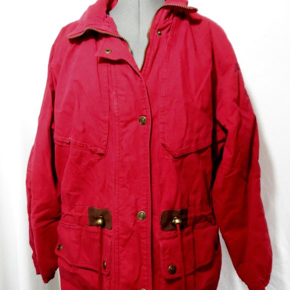OUTBROOK Insulated Winter Parka Trench Coat Jacket L Red Quilted Fleece Denim - Picture 2 of 8